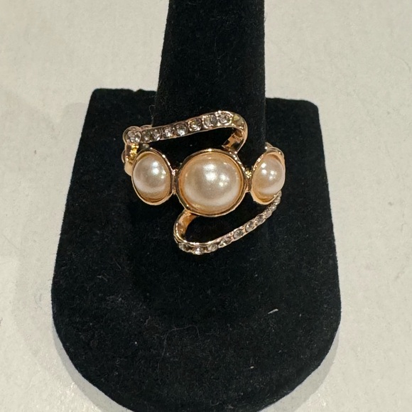 Gold Tone with Faux Pearls and CZ’s Statement Ring - One Size Stretch Back - Picture 3 of 4